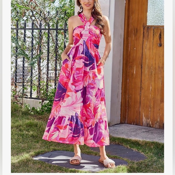 NWT PINK ABSTRACT HALTER MAXI DRESS-S - Picture 4 of 17